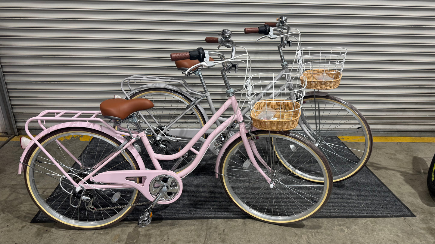 UC26 model City Bike, Pink 26 inch 6 speeds c/w basket and rear rack (preorder available mid Oct)